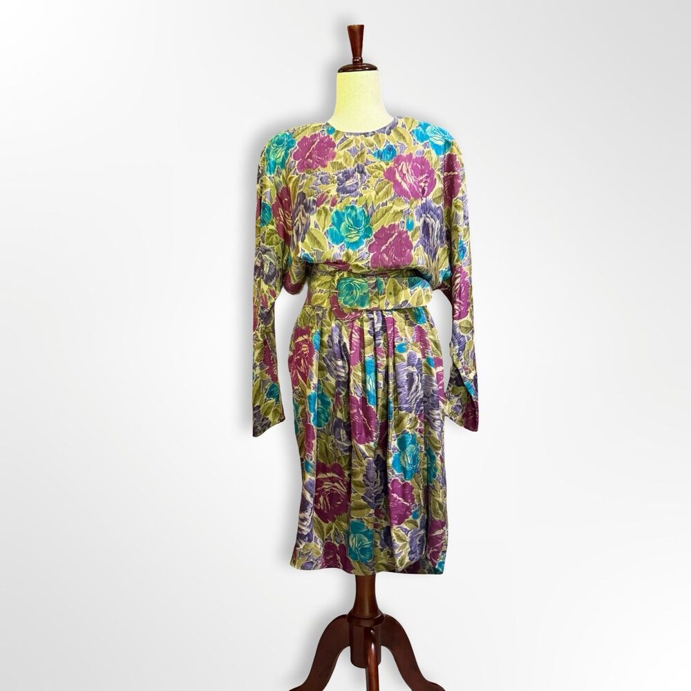 Pat Argenti, VTG 80s Silk Watercolor Floral Long Sleeve Belted Dress, 12